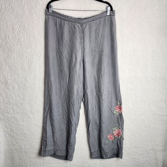 Soft Surroundings Pants - Soft Surroundings Woman's Pull On Palazzo Pants Grey Sz L Chambray Embroidered